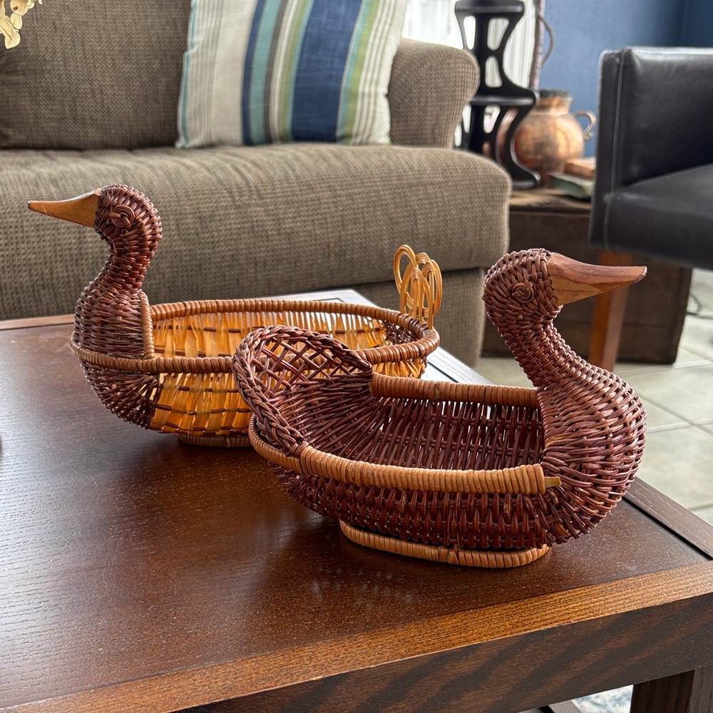 Cottage core Wicker Duck Shaped Basket with a Carved Wood Nose, set of two